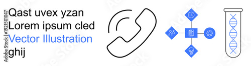 Communication, technology, biotechnology, digital systems, data transfer, science. Phone icon, data sharing symbols DNA test tube graphic. Communication and technology visually