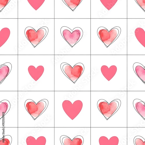 Seamless Pattern of Pink Watercolor Hearts