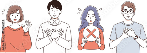 People Expressing Rejection and Refusal Gestures Vector Illustration with Crossed Arms, Hand Stop Sign, and Disapproval Symbols for Communication and Social Concepts