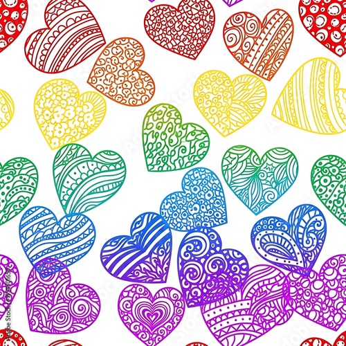 Colorful patterned hearts seamless background