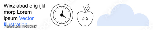 Time management, healthy lifestyle, education, cloud storage, technology, weather updates. An analog clock, an apple and a cloud. Time management and healthy lifestyle concept
