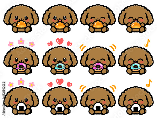 美味しそうにごはんを食べるかわいいトイプードルのイラスト素材セット