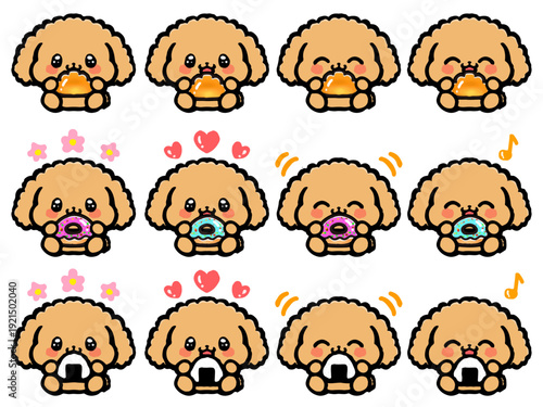 美味しそうにごはんを食べるかわいいトイプードルのイラスト素材セット2