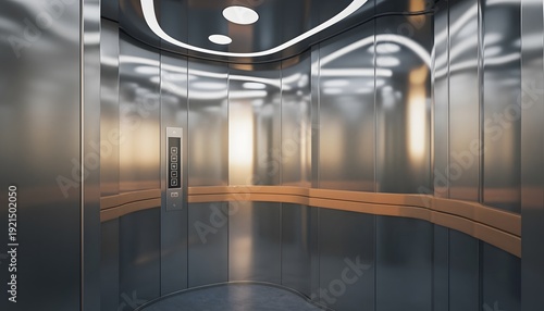 Empty sleek and modern elevator interior with shiny metallic walls and subtle glowing lights, creating a clean and contemporary architectural space.