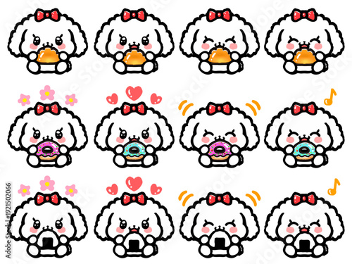 美味しそうにごはんを食べるかわいいトイプードルのイラスト素材セット5