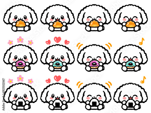 美味しそうにごはんを食べるかわいいトイプードルのイラスト素材セット3