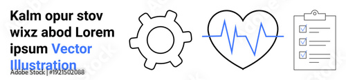 Business management, healthcare systems, workflow planning, data tracking, task prioritization, operational efficiency. A gear symbol, heartbeat line and checklist are visible. Business management