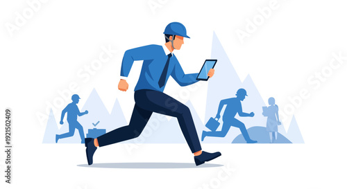 Businessperson Running with Digital Tablet in Mountain Business Landscape