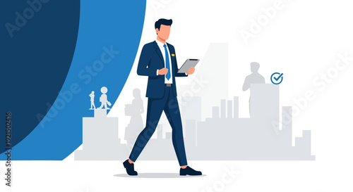 Businessman Walking with Digital Book and Cityscape Background