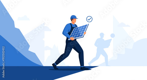 Businessman Walking with Solar Panel in Cityscape