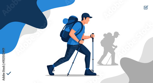Hiker Trekking Mountain Path with Backpack and Trekking Poles