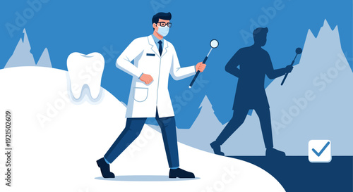 Dental Professional in Lab Coat with Dental Tools in Snowy Environment
