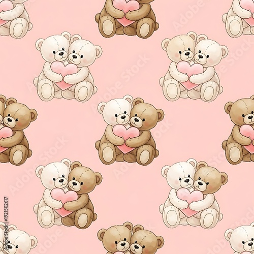 Cute Teddy Bears Hugging Hearts Pattern