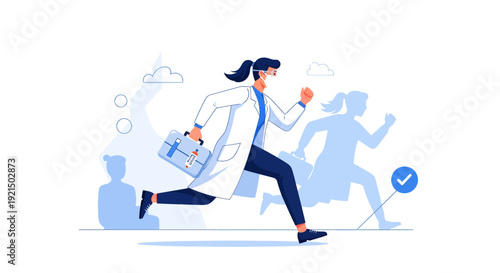 Dynamic Businesswoman Running with Shopping Bag and Backpack