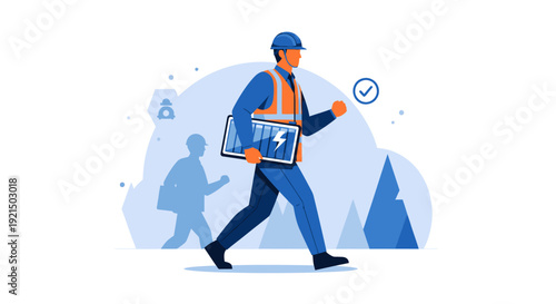 Construction Worker Walking with Safety Equipment and Blueprint