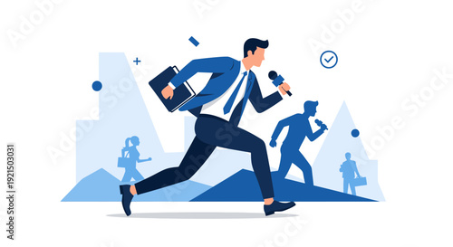 Businessman Running with Briefcase and Mobile in Urban Environment