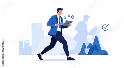 Businessman Running with Digital Tablet in Urban Setting