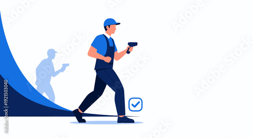 Modern man walking with mobile device in digital environment