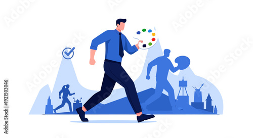 Businessman Walking with Paint Palette and Creative Silhouettes
