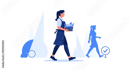 Female employee carrying cleaning supplies, office corridor scene