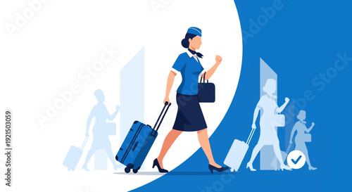Business traveler woman walking airport terminal with suitcase and smartphone
