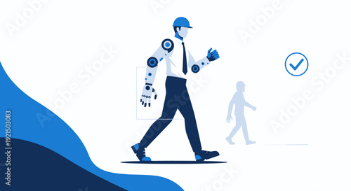 Futuristic humanoid robot walking outdoors with a young girl in background