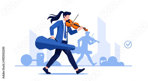 Businesswoman Walking with a Guitar and Violin in Cityscape
