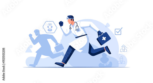 Healthcare Professional Running Amidst Patient Chase Illustration