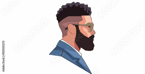 Urban Male Side Profile with Curly Hair and Shaped Beard Flat Vector Design