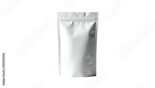 A blank, white, resealable pouch stands isolated on a black background
