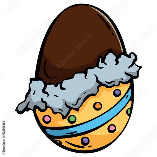 Easter chocolate egg in foil wrapper half opened, hand drawn doodle icon for holiday confectionery menu and gift branding, isolated vector.