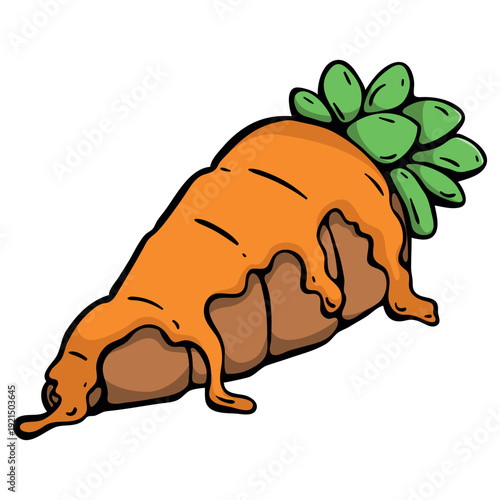 Carrot shaped croissant with orange glaze and green leaves, hand drawn doodle icon for vegan cafe and pastry shop branding, isolated vector.