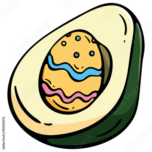 Vegan Easter concept with avocado and decorated egg instead of pit, hand drawn doodle icon for healthy food menu and holiday branding, isolated vector.