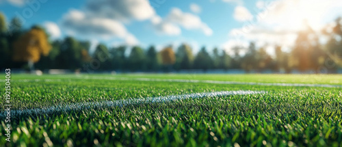Panel kuchenny z motywem A green football pitch with markings and a blurred view of the forest and sky is suitable for the main background of sports news or active leisure advertising.