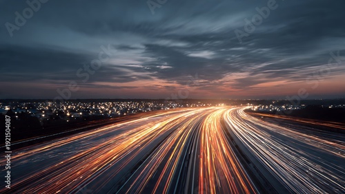 Dynamic Light Trails on Highway at Dusk Over Urban Landscape Panoramic