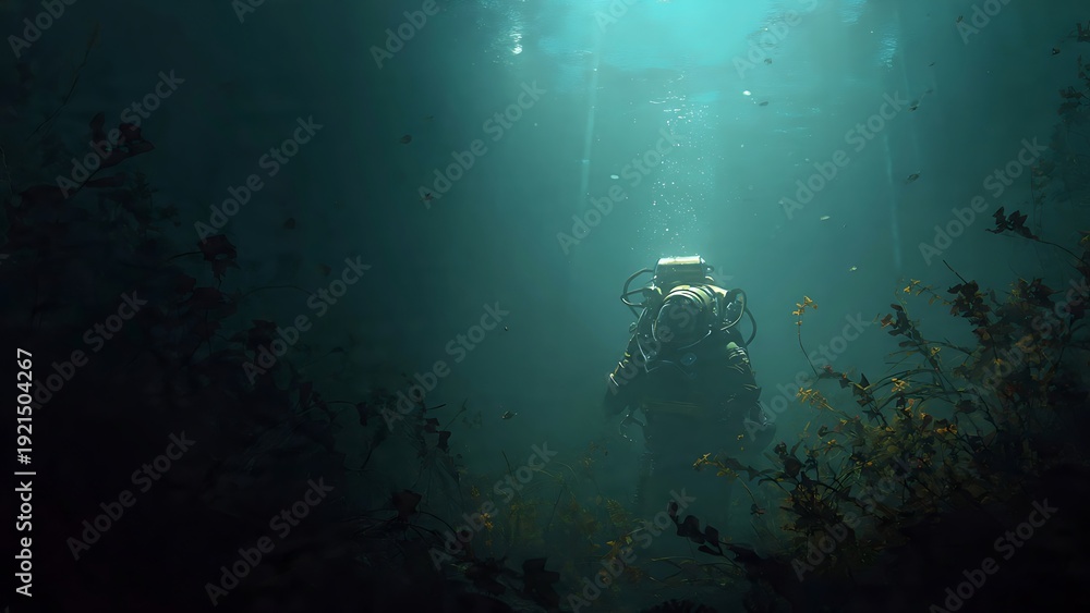 Fototapeta premium Diver Exploring Mysterious Underwater World in Deep Blue Water
