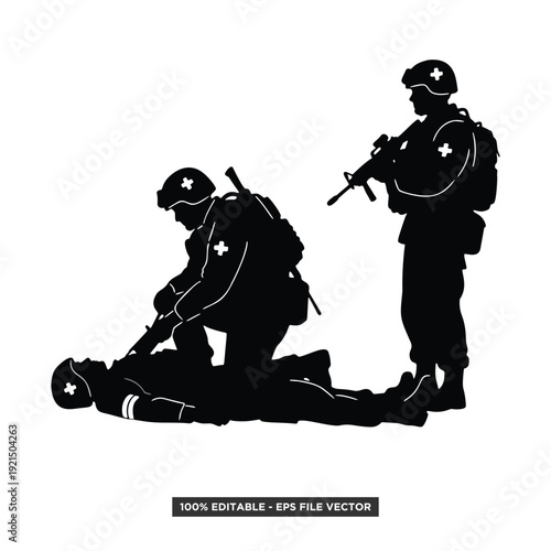 Soldier Providing Combat Medical Aid to Injured Comrade, Silhouette