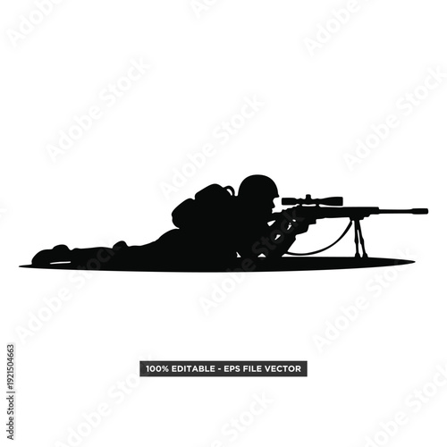 Sniper Soldier Lying Down and Aiming Rifle with Scope, Silhouette