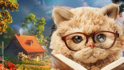 Cute fluffy cat with glasses reading book in whimsical landscape. Perfect for children's stories, learning, fantasy, and adorable animal content.