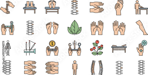 Physiotherapy and Chiropractic Treatment Icon Set Featuring Spine Therapy, Massage Techniques, Rehabilitation Exercises, and Pain Relief Symbols for Healthcare Design