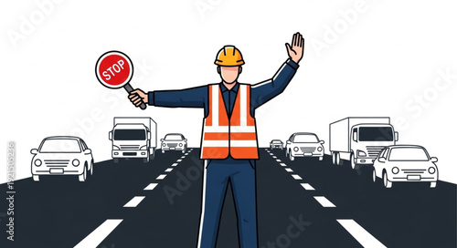 Traffic Controller Directing Highway Traffic.