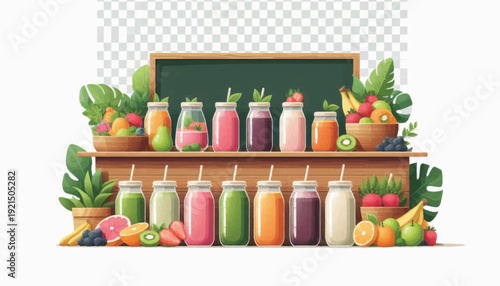 Assorted Smoothies and Juices on Display.