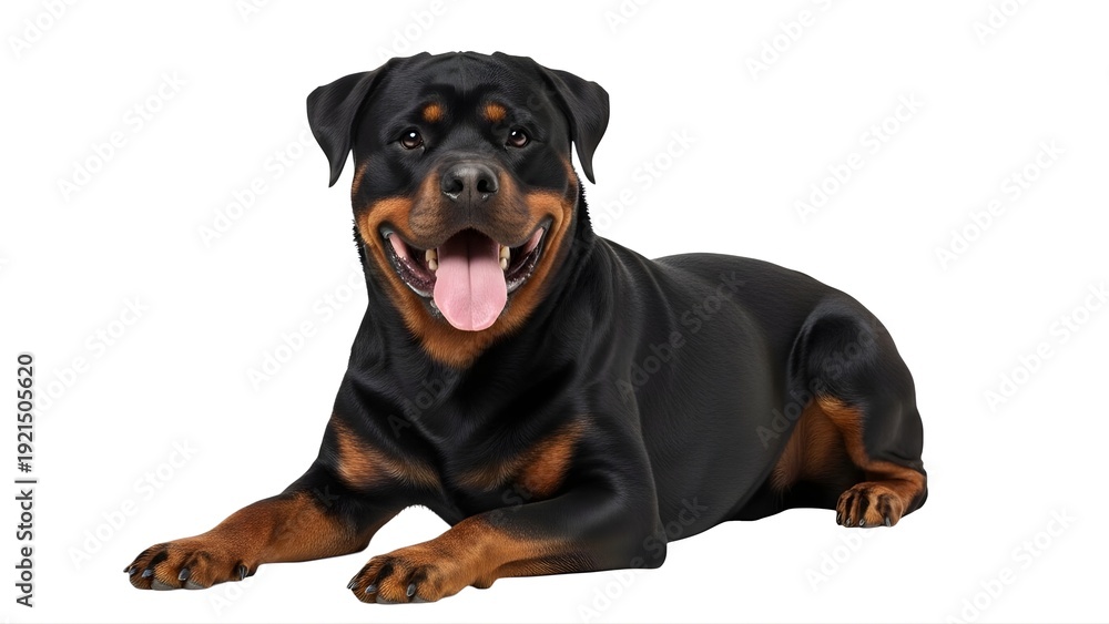 Obraz premium A happy Rottweiler dog lying on a transparent background