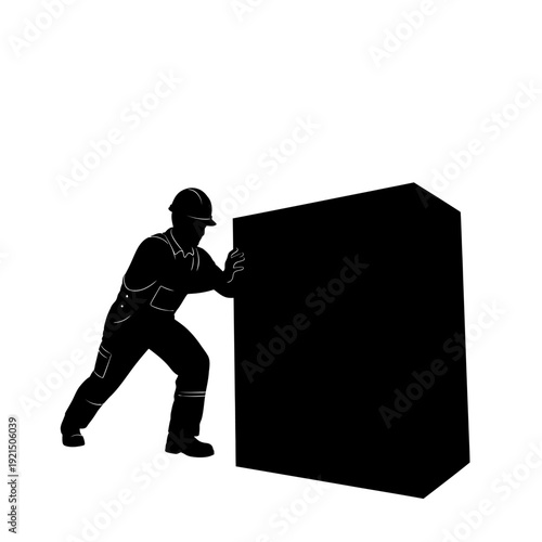 Construction worker pushing a large black box, silhouette against white background.