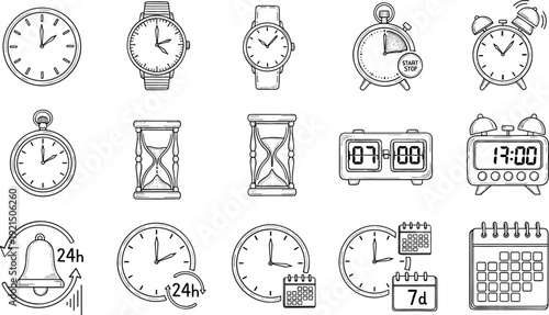 Time and Clock Icon Set Vector Illustration with Watches, Alarm Clocks, Hourglass, Timer, Calendar, and 24 Hour Symbols for Schedule and Deadline Concepts