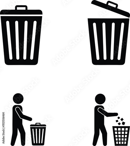 Trash Can and Throwing Garbage Icon Set with Waste Disposal Symbols for Recycling, Clean Environment Campaigns, Public Signs, and Sanitation Design Projects