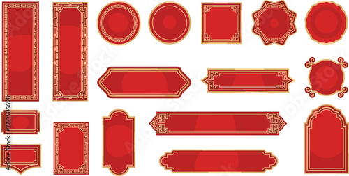 Chinese New Year Red and Gold Frame Collection with Traditional Asian Borders for Festive Greetings Wedding Invitations Branding and Luxury Packaging Design.