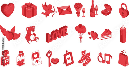 Valentine’s Day Red Icon Set with Hearts, Love Letter, Gift Box, Cupid, Romantic Symbols, and Celebration Elements