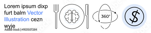 Mindfulness, dining habits, technology integration, financial planning, creativity, education. Brain icon with cutlery, 360-degree arrows and financial symbol. Mindfulness and dining habits