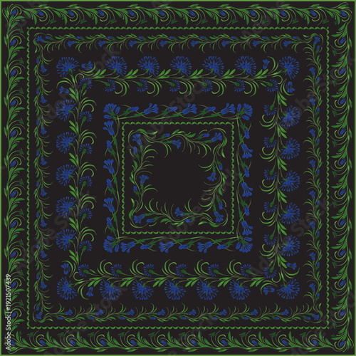 Vector floral seamless border patterns from hand painted blue carnation flowers. 5 pattern brushes in the brush palette